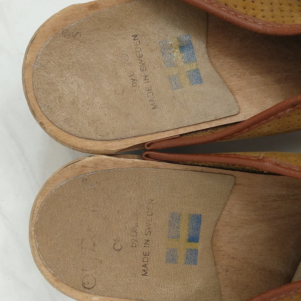 Vintage Swedish Leather & Wood Clogs Olaf Daughter Sweden Carmel Color 80s - Picture 5 of 11